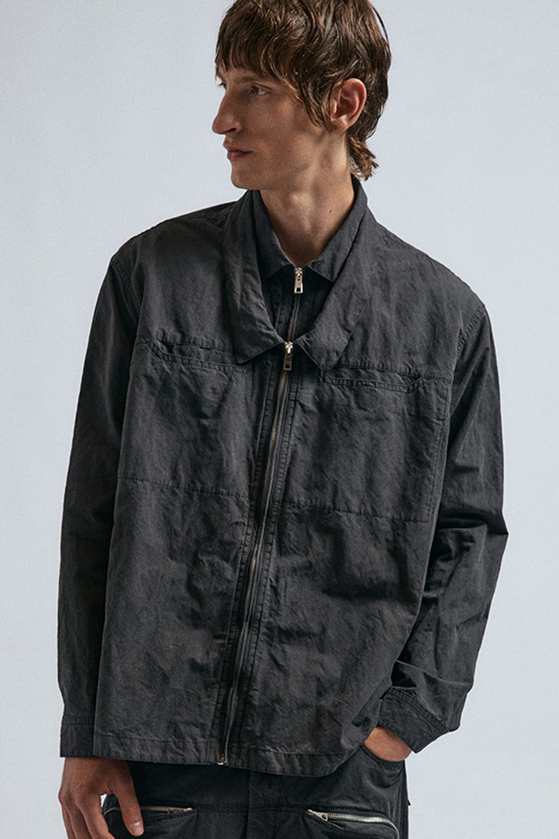 JordanLuca Joker Jacket in washed black features a double collar design and a Harrington Jacket fit.